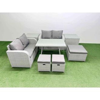 Fimous 7 Seater Outdoor Love Sofa Set Rattan Garden Furniture Set with Rectangular Dining Table 2 Side Tables 3 Footstools Light Grey - Fimous