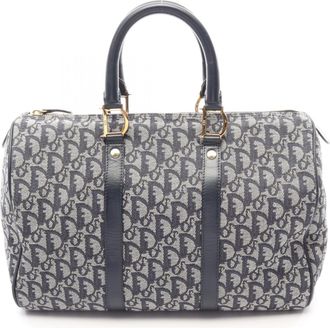 Dior Gray Navy Canvas Leather Handbag Tote Bag (Pre-Owned)