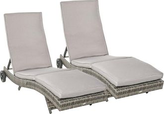 OUTSUNNY juego de 2 tumbonas de ratán reclinable en forma de S con 2 ruedas respaldo ajustable en 5 posiciones y cojín extraíble 207x70x70 cm gris