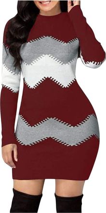 Generic Knitted Winter Dresses for Women UK | Striped Sweater Dress Wrap Ribbed Bodycon Long Sleeve Slim Fit Sexy Dress Fashion Colour Block Mini Dress Pencil