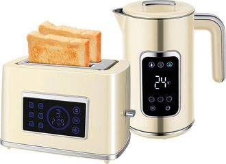 HOMCOM Homcom Set Desayuno Con Pantalla Led T&aacute;ctil, Hervidor De Agua 1,7l 2200w, Funci&oacute;n Mantener Caliente, Tostadora Pan Ranura Ancha 2 Rebanadas, Crema