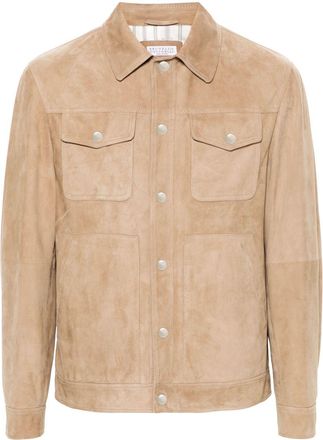 Brunello Cucinelli press-stud leather shirt jacket - men - Cupro/Leather - M - Neutrals