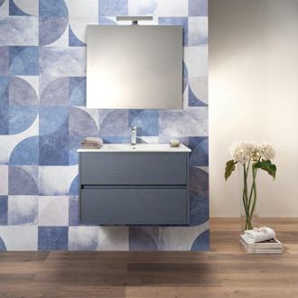 Arche Mobile Bagno 80 Cm Sospeso Blu Oceano Effetto Tessuto 2 Cassetti Lavabo E Specchio