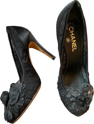 Chanel Black Lace Camellia Applique Pumps Size 38.5