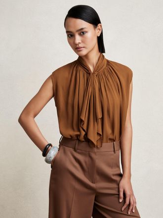 Reiss Tan Brown Crepe-chiffon Ruffle Sleeveless Top, 10