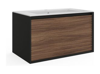 Vente-Unique Mueble de ba&ntilde;o suspendido con lavabo encastrado - Color natural oscuro y negro - 80 cm - BANIVA