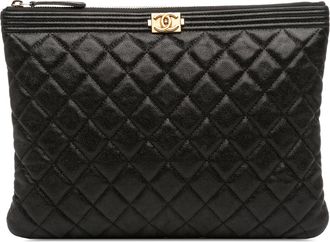 Chanel Womens Pre-owned Medium Quilted Caviar Boy O Case Clutch - Black Leather - One Size