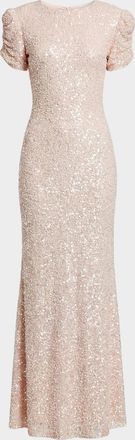 Mac Duggal Beaded Mesh Column Short-Sleeve Gown