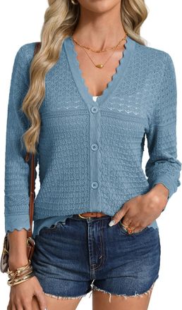 Grace Karin Womens V-Neck 3/4 Sleeve Cardigans Elegant, Summer Crochet Cardigans for Women UK, Lightweight Bolero Shrugs Gray-Blue S