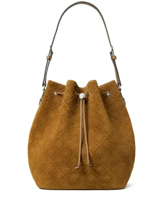 Tory Burch monogram suede bucket bag - women - Suede/Microfibre - One Size - Brown