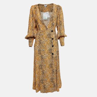 Ganni Ganni Yellow Leopard Print Crepe Buttoned Midi Dress