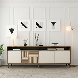 Dmora Aparador Benjamin, 2 Estantes, 4 Puertas, 6 Compartimentos, 180x35x79h Cm Nogal Marr&oacute;n