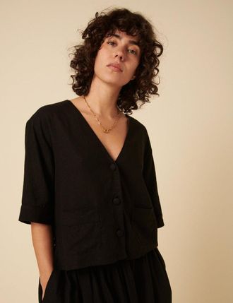 Nobody's Child Black Linen-blend V-Neck Shirt