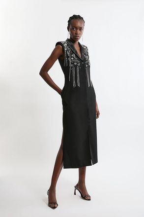 Karen Millen Womens Tall Embellished Detail Plunge Collared Woven Maxi Dress - Black - Size 10 UK