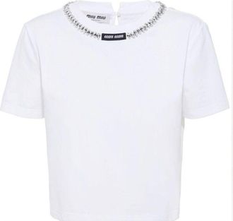 Miu Miu White Crystal Embellished T-Shirt Size L