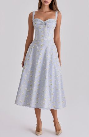 House of CB Rosalee Floral Stretch Cotton Petticoat Dress in Blue Wildflower at Nordstrom, Size X-Large
