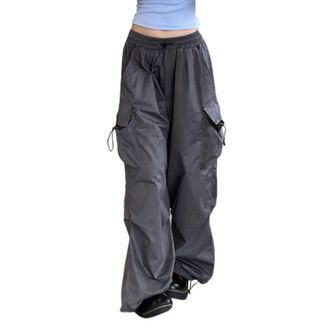 Generic Womens Wide Leg Y2k Parachute Pants Baggy High Waisted Cargo Pants Lightweight Summer Casual Hip Hop Streetwear Grunge Punk Trousers Drawstring Solid 