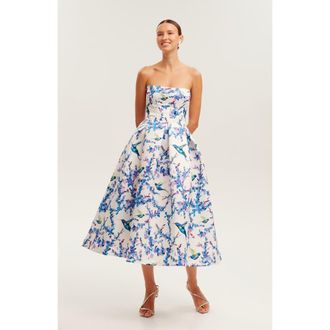 Milla Corset Midi Formal Occasion Dress in Lavender Birds at Nordstrom, Size 0