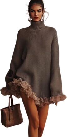 Generic Womens Turtleneck Sweater Mini Dress Set, High Neck Ruffle Hem Knit Casual Pullover Elegant Lace-Trim Sweater Dress (Style 1,M)