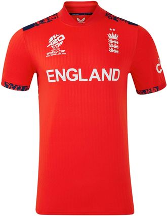 England Cricket Castore England Cricket Mens T20 World Cup Replica Short Sleeve Shirt | Fiery Red | 2024 | XXL