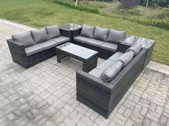 Fimous Outdoor Rattan Garden Furniture Lounge Sofa Set With Oblong Rectagular Coffee Table in Dark Grey
