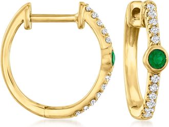 RS Pure Ross-Simons Emerald and Diamond-Accented Huggie Hoop Earrings in 14kt Yellow Gold