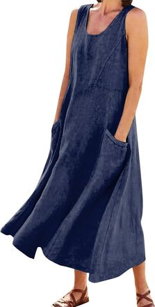 Generic Womens Summer Sleeveless Cotton and Linen Dress 2025 Boho House Casual Loose Solid Maxi Dresses for Women with Pockets (Blue,3XL)