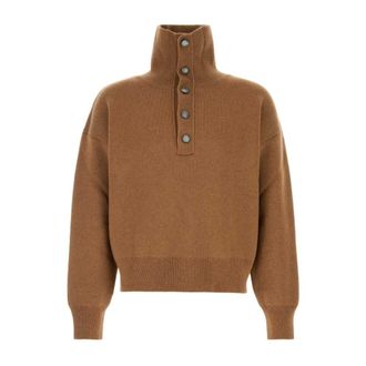 Ami Trui met hoge knoopkraag van wol - Heren - Truien - Bruin - Maat: XL Wol