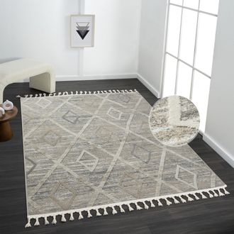 My Home Teppich »Otilie« rechteckig 11 mm Höhe dichte Qualität, Woll-Look, Boho, mit Fransen und Rauten, Scandi