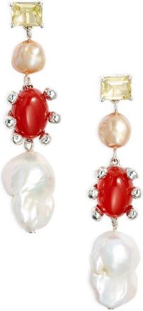 Faris Dotto Potion Linear Drop Earrings in Silver/Topaz/Pearl at Nordstrom