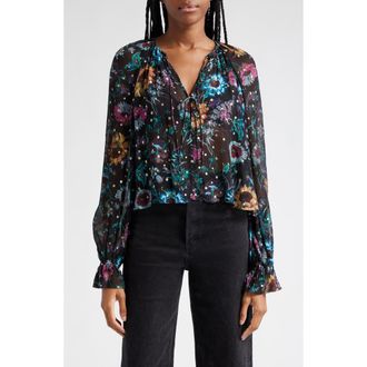 Ulla Johnson Bernadette Metallic Tie Neck Silk Blend Top in Black Iris at Nordstrom, Size 4