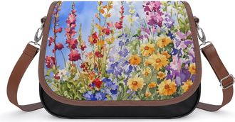 Generic Watercolor Wildflowers Crossbody Bags for Women Fashion Leather Shoulder Handbags With Adjustable Strap