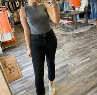 Le Lis Blanc Deux Denim Look Boat Neck Bodysuit In Charcoal