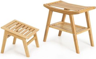 Costway Costway - Set Taburete De Ducha Y Reposapi&eacute;s De Bamb&uacute;, Taburete Organizador Ba&ntilde;o, Asiento Ducha Con Repisa Abajo