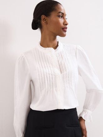 Phase Eight Laurie Pleated Embroidered Cotton Blouse in Ivory at Nordstrom, Size 14