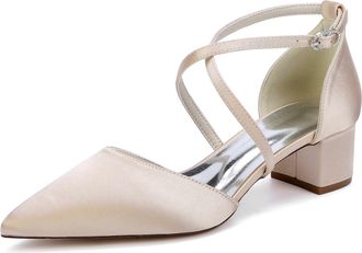 Generic Women Satin Chunky Bridal Shoes Low Wedding Heels Cross Strappy Wedding Evening Dress Shoes Pumps 4.5Cm,Champagne,10 UK