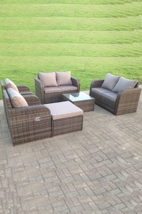 Fimous Rattan Garden Furniture Set Reclining Chair love Sofa Big footstool 7 Seater in Dark Grey