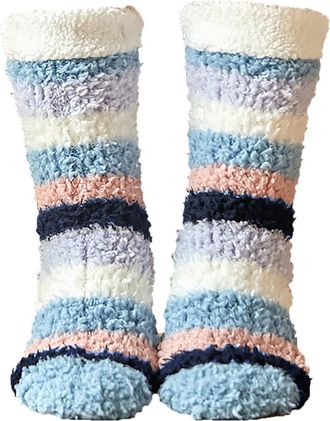 Generic Women Socks Slipper Socks Winter Warm Thicken Cozy Socks Non Fuzzy Socks Slipper Bed Socks For Women Girls Animal Socks Toddler Boys (Blue, One Size)