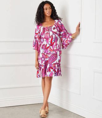 Karen Kane Raela Ruffle Hem Mini Dress In Pink And Blue Floral Print