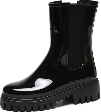 Pangolin Womens Waterproof Chelsea Ankle Wellies, Pull-On PVC Wellington with Elastic Side Panels, Chunky Platform Lug Sole, Anti-Slip Wet Weather Boots Black 