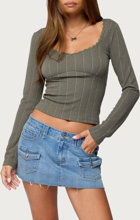 Edikted Beatrix Lace Trim Rib Long Sleeve Top in Olive at Nordstrom, Size X-Small