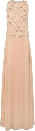 Forte_Forte Geborduurde Poplin Jurk met Georgette Rok - Dames - Avondkleed - Beige - L - Katoen - Kleedjes