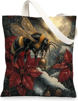 Generic Winter Christmas Bee Canvas Tote Bag for Shopping 13x15, Snow Poinsettia Xmas Insects Reusable Grocery Print Pattern Bag for Women, Holiday New Year B