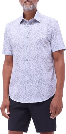 Bugatchi Miles OoohCotton Leaf Print Short Sleeve Button-Up Shirt in Zinc at Nordstrom, Size Xxx-Large