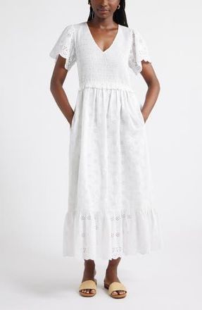Caslon Eyelet Smocked Flutter Sleeve Maxi Dress in White at Nordstrom Rack, Size Xx-Small