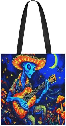 Generic Psychedelic Aliens Playing Guitar In Moon Womens Tote Casual Shopping Bag Lightweight Shoulder Bags Hobos Handbag for Work Travel Daily 35x40cm
