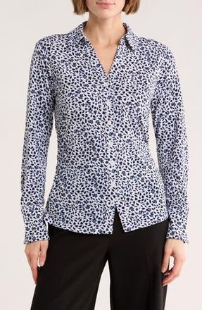 Adrianna Papell Long Sleeve Knit Button-Up Top in Ivory/Blue Moon Dreamy Leaves at Nordstrom Rack, Size X-Small
