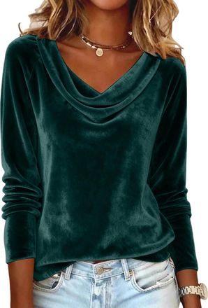 Generic Velvet Tops for Women UK Cowl Neck Pleated Long Sleeve Elegant Blouses Ladies Casual Dressy Shirts Fall Winter Solid Color Tunic Top Work Office Going
