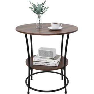 Relaxdays Relaxdays side table, 2-tier, HxD: 55 x 55 cm, wood-effect & metal, round coffee table, brown/black