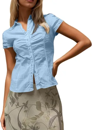 Generic Womens Short Sleeve T Shirt Fairy Y2k Shirts Cute V Neck Smocked Top Vintage Tops Coquette Clothes Tops for Women UK